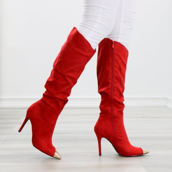 Fancy Pointy Toe Below The Knee Red Boots Suede - Picture 12 of 15